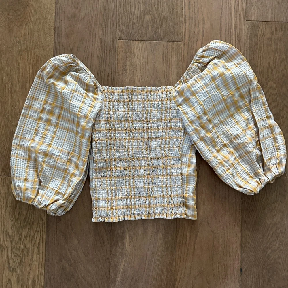 Anthropologie Yellow and White Plaid Puff-Sleeve Blouse
